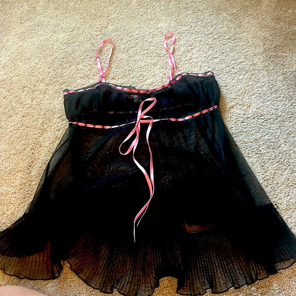 Victoria’s Secret sheer black nightie with pink ribbon sz sm